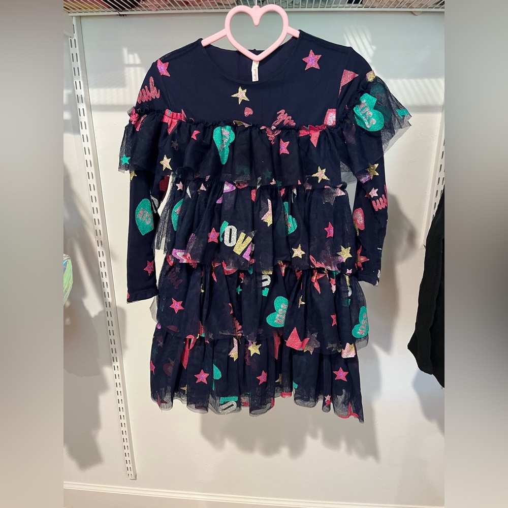 Billieblush Girls Size 8 Navy Layered Tulle Dress with Colorful Stars and Hearts